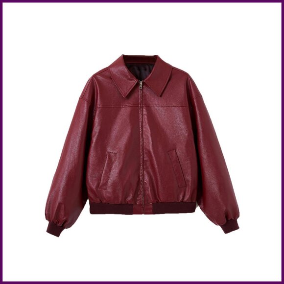 Jackets & Blazers - Faux Leather Motorcycle Jacket Lantern Sleeves Zipper Front Pockets